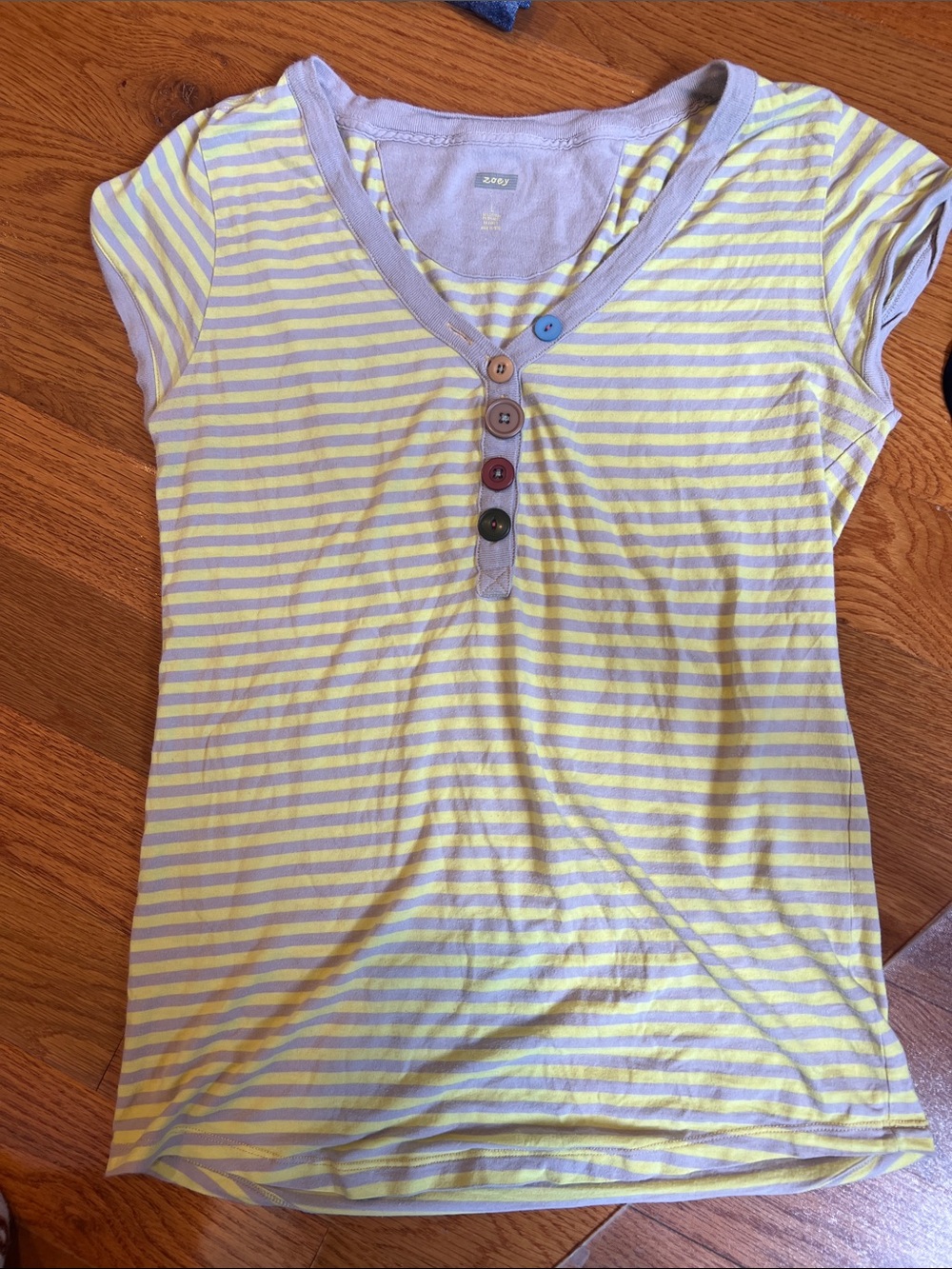 Zoeey Yellow & Light Purple Striped Short Sleeve Henley Tee